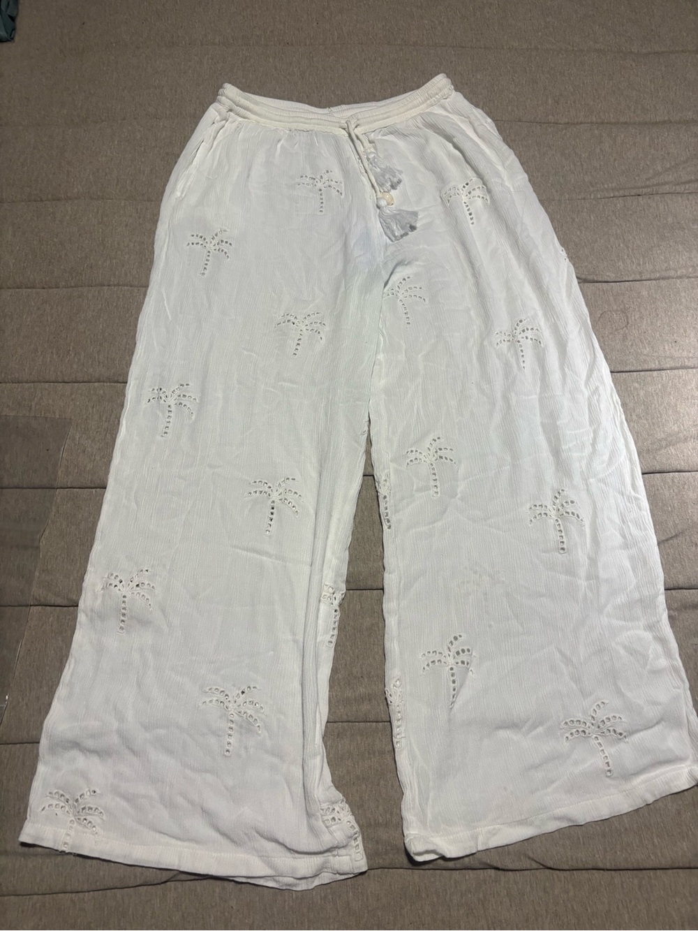 White Eyelet Palm-Print Wide Leg cover up Pants